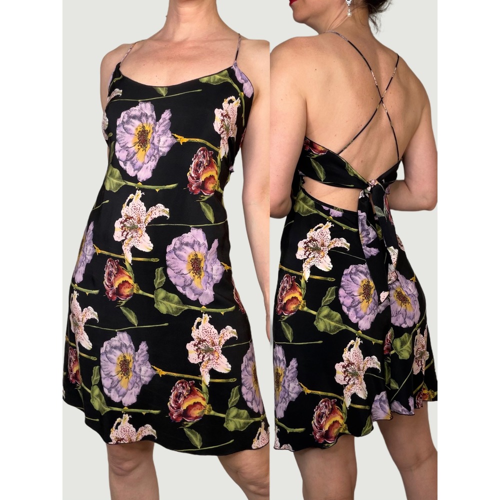 Nicole Miller Silk Floral Slip Dress Black Y2K Vintage Open Tie Back Small 4